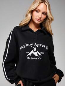Missguided x Playboy Apres Ski Bunny Graphic Sweatshirt With Mountain Print Long Sleeve Collared Pullover For Winter Apres Ski - Black - View 1