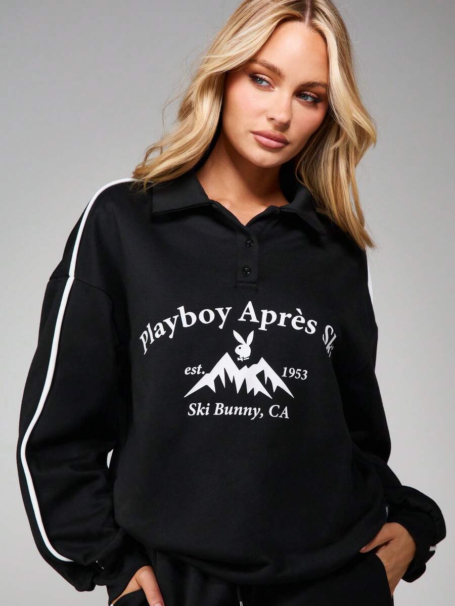 Missguided x Playboy Apres Ski Bunny Graphic Sweatshirt With Mountain Print Long Sleeve Collared Pullover For Winter Apres Ski - Black - View 1