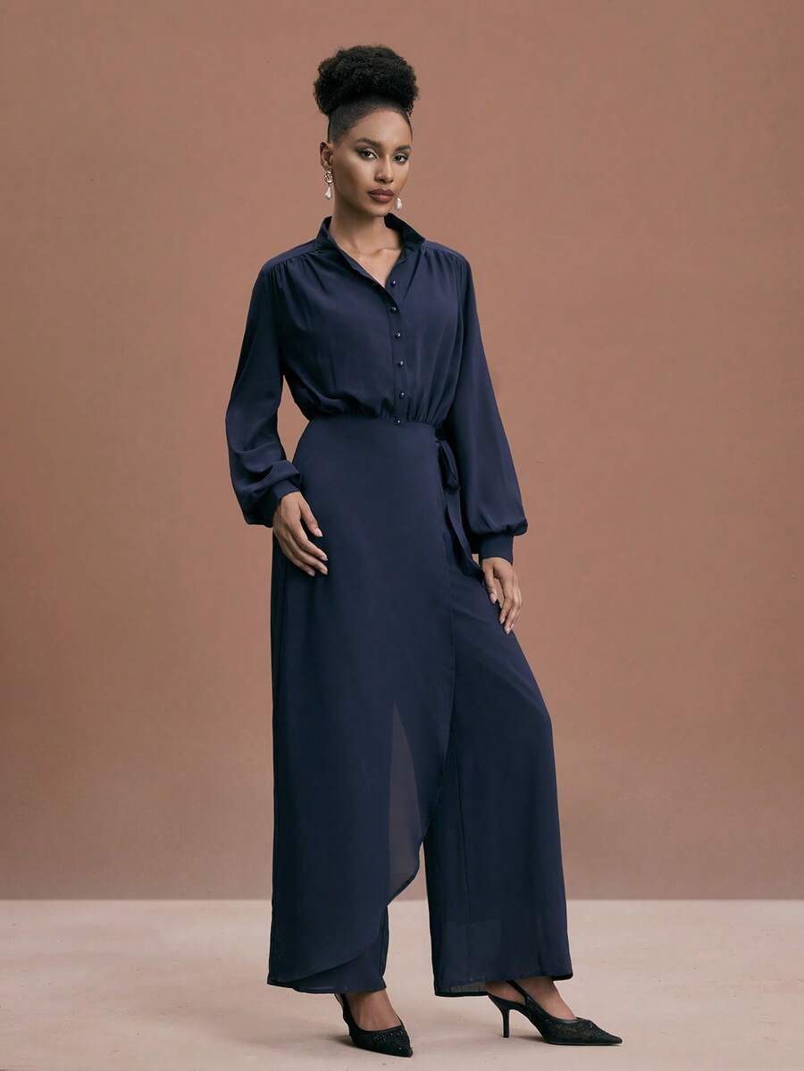 JIAN LASALA Mock Neck Button-Up Elastic Waist Lantern Sleeves Wrap Tie Chiffon Jumpsuit Women Casual Wear Elegant Jumpsuits Navy Blue Jumpsuit Modest Jumpsuit Jumpsuits For Woman Wide Leg Dress Modest Long Sleeve Long Dress Navy Blue Jumpsuit Women Formal Jumpsuit - Navy Blue - View 1