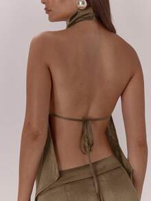 MUSERA 高领缎面垂褶系带露背上衣，优雅性感，适合夜晚外出、度假、秋季叠穿派对、春夏假日等场合。 - 棕色 - 查看 6