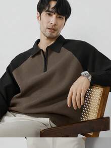 Manfinity Hypemode Men's Casual Colorblock Sweater For Autumn & Winter, Long Sleeve Top - Khaki - View 4