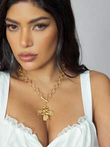 CUCCOO SZL 1 Collier pendentif rétro simple et exagéré en métal de forme géométrique ronde avec motif martelé. Boucle OT et chaîne épaisse. Convient pour le port quotidien des femmes. Bijoux épais. - Or jaune - Voir 4