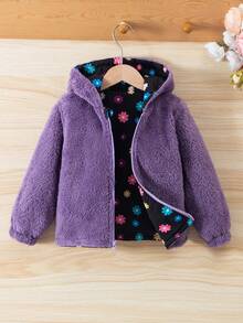 女童休闲双面拉链连帽外套，秋冬季 - 黑色 - 查看 4