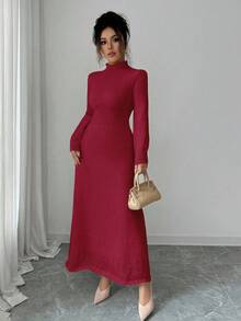 Elenzga 女式纯色高领独特设计修身腰部优雅休闲长袖针织毛衣裙，适合秋冬季 - 酒紅色 - 查看 4