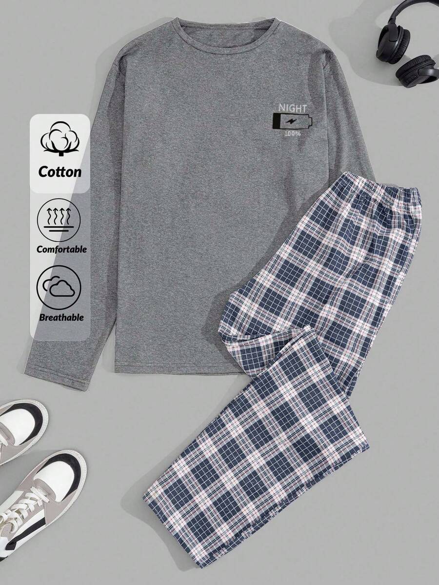 EURMUSE Men Letter Printed Long Sleeve Regular T-Shirt And Pants Loungewear Set - Grey - View 1