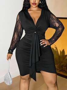 Slaydiva 秋冬新款优雅派对约会生日舞会浪漫修身纯黑色蕾丝拼接长袖扭结前襟褶皱系带加大码迷你连衣裙 - 黑色 - 查看 6