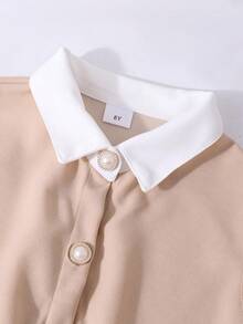 Vestido ajustado de línea A con cuello Peter Pan, mangas abullonadas de malla, botones de perla en la cintura, elegante y dulce para niña preadolescente - Caqui - Ver 3