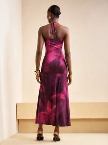 Zivah Women's Dark Purple Summer Seductive Dinner Date Halter Neck Tie-Up Backless Gathered Mermaid Gradient Print Slim Fit Long Burgundy Party Dress - Multicolor - View 5