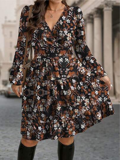 EMERY ROSE Vestido casual con cuello en V y estampado para mujer de talla grande