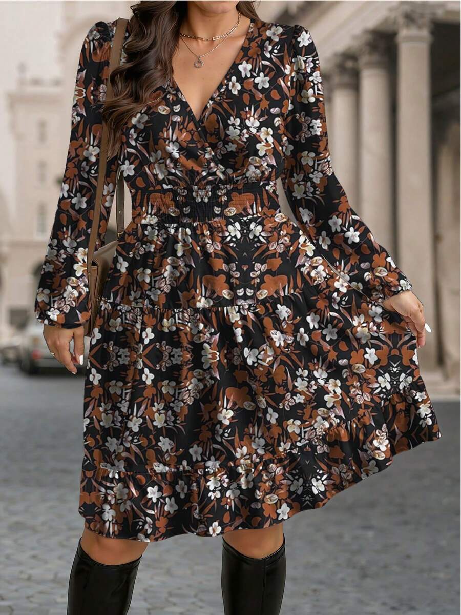 EMERY ROSE Plus Size Women's Fashion Casual V-Neck Printed Dress - Multicolor - View 1