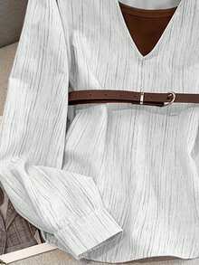 GlowEve Blusa recta de corte recto con mangas farol, cuello en V, a rayas verticales y parches, con lazo en la cintura, de estilo retro francés, casual y apropiada para oficina, graduación, vacaciones y citas, para otoño/invierno - Blanco - Ver 3