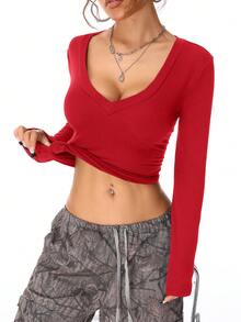 Coolane Women's Fall/Winter Casual Knit With Fleece V-Neck T-Shirt,Fall,Fall Clothes For Women,Women's Winter Clothes,Red Tops For Women, Red Crop Top Women,,New Year ,Party - Red - View 4