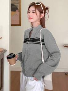DAZY Contrast Stripe High Neck Long Sleeve Zip-Up Cardigan For Women - Grey - View 5