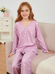 Sparklyn 2pcs Girls Ribbed Fabric Casual Comfortable Pajama Set, Long Pants And Long Sleeve Top - Pink - View 3