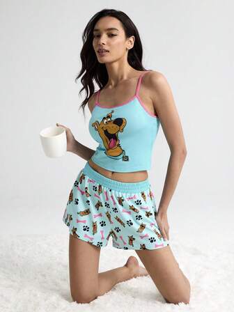 SCOOBY-DOO X SHEIN Women's Comfortable Dog Print Cami Top And Shorts Pajama Set, Summer Cartoon Underwear For Women Women S Pajamas Shorts Set 2 Piece Short Sets Woman Lilo And Stich Pajama