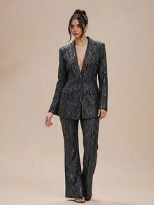 SHEIN BAE Frühling/Herbst Damen Rundhals Langarm Fransen Pailletten Dekor Konzert Musik Festival Schwarze Jacke, modische & coole Damen Oberbekleidung, sexy Weihnachts-/Halloween-Party Outfit, Thanksgiving Pailletten Winter Damenkleidung