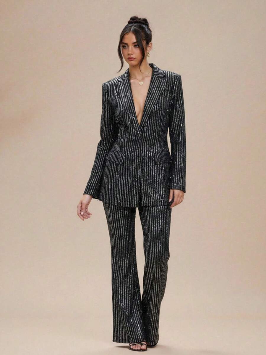 SHEIN BAE Frühling/Herbst Damen Rundhals Langarm Fransen Pailletten Dekor Konzert Musik Festival Schwarze Jacke, modische & coole Damen Oberbekleidung, sexy Weihnachts-/Halloween-Party Outfit, Thanksgiving Pailletten Winter Damenkleidung