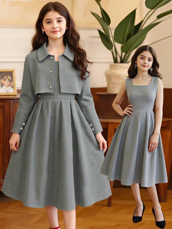 SHEIN Tween Girl French Style Short Jacket And Casual Minimalist Elegant Dress Set, Suitable For Spring And Autumn