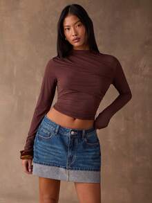 SHEIN BAE Women's Dark Blue Washed Distressed Vintage Low-Waisted Denim Skirt With Built-In Shorts, Perfect For Autumn And Winter. Suitable For Casual Outings, Commuting, Work, Shopping, Christmas, Thanksgiving, And New Year's.Denim Mini Skirt - Dark Wash - View 6