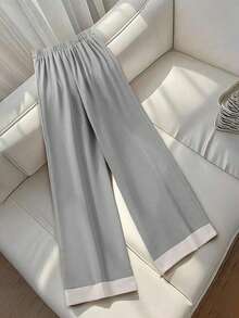 GlowEve 女士优雅日常通勤百搭时尚摩卡棕色阔腿裤，搭配撞色下摆设计 - 灰色 - 查看 2