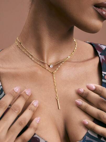 JIAN LASALA 1 pieza Collar en forma de Y dorado con diseño en capas, decorado con rhinestones y perlas de imitación, adecuado para uso diario de mujeres, regalos de amistad, fiestas de banquete (cadena hecha a mano cortada a medida, número variable de perlas, tamaño variable de rhinestones)