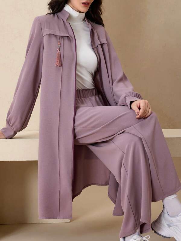 Graceveil Fitted Elegant Solid Color Zipper Long Sleeve Outerwear Arabic Style Women Outfit, Autumn/Winter