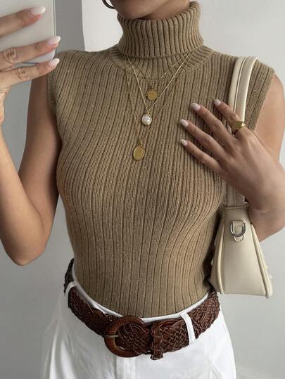 DAZY Women's Solid Color Turtleneck Sleeveless Casual Knit Top, Autumn/Winter