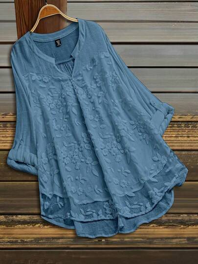 Linhara Plus Size  Blue Floral Blouse, Casual V-Neck Textured Top For Women