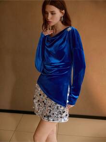 ZEYLAH Women's Solid Color Long Sleeve Asymmetric Hem Elegant Boat Neck Pleated Blouse - Blue - View 4