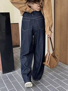 DAZY Women's Pocketed Pleated Wide Leg Loose Casual Versatile Jeans