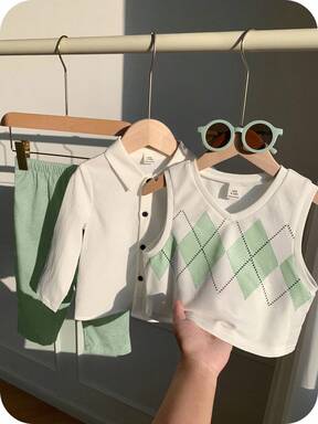 SHEIN 3pcs Baby Boy Casual Argyle Vest, White Shirt, Blue Casual Pants Outfit, Suitable For Birthday Party, Evening Party, Performance, Wedding, Baby Shower, Christening, 1st Birthday Celebration