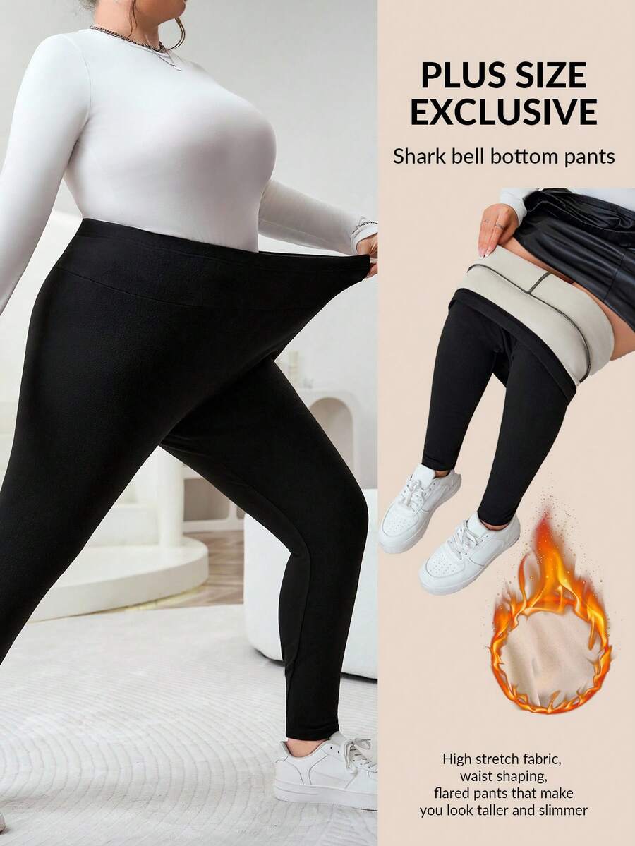 SHEIN CURVE+ 大码女式休闲纯色高腰加厚羊毛紧身裤,百搭日常通勤,秋冬装 - 黑與白 - 查看 1