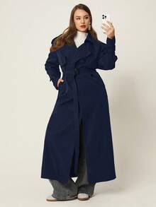 Auralis 大码时尚纯色腰带风衣 - 藏蓝色 - 查看 7