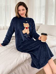 可爱小熊刺绣毛绒长袖女式睡衣，蓬松舒适冬季睡裙，哞哞睡衣