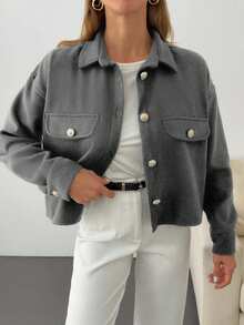 EURMUSE Solid Color, Gold Button Details, Coat - Light Grey - View 3