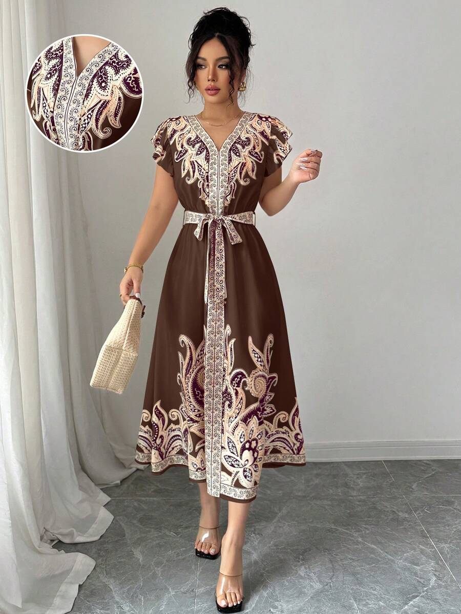 Elenzga 女士浪漫度假波西米亚风印花连衣裙 - 咖啡 - 查看 1