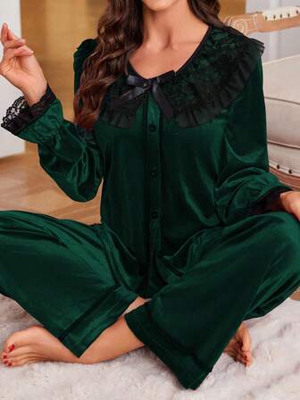 PalaceNights Vintage Palace Style Korean Velvet Lace Collar Women Pajama Set, Autumn/Winter Satin Sleepwear Set Green Pajama Set Green Pajamas Pajama Sets For Women Green Pj Set