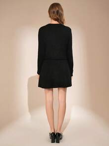 Teen Girls Cozy Fuzzy 2pcs Outfit,Long-Sleeve Button Front Cardigan&Flared Mini Skirt Set,Black Soft Textured Autumn,Casual,Holiday Stylish Ensemble - Black - View 2
