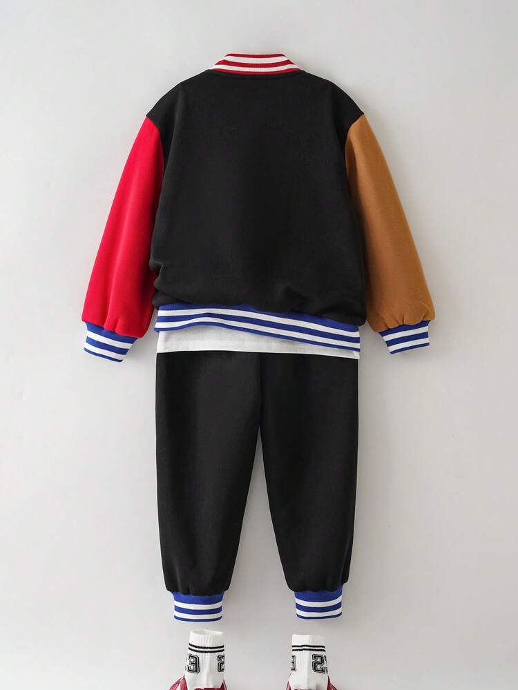 SCOOBY-DOO X SHEIN 2pcs/Set Young Boy Cartoon Dog Print Patchwork Contrast Color Thermal Baseball Jacket And Sweatpants, Autumn/Winter - Black - View 2