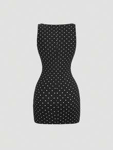 SHEIN PETITE Autumn Sleeveless Round Neck Ruched Waist Bodycon Polka Dot Mini Dress, Flattering Petite Design For Women - Black - View 5