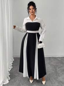 SHEIN Elenzya 女式拼接系带领长袖优雅连衣裙 - 黑與白 - 查看 6