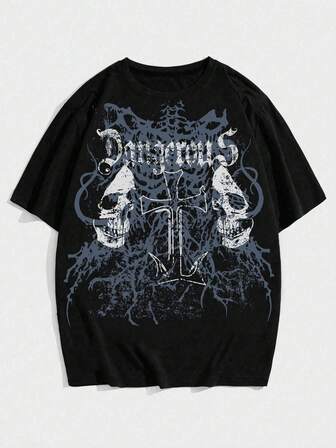 Grunge Punk Men's Casual Skull & Cross Print Short Sleeve T-Shirt