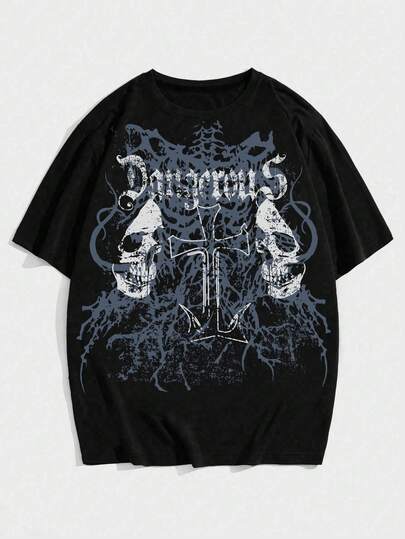 Grunge Punk قميص تي شيرت قصير الأكمام كاجوال للرجال مطبوع بالجمجمة والصليب
