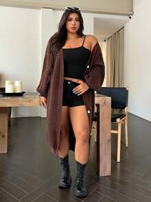 SHEIN EZwear 大码女式棕色灯笼袖单排扣休闲针织开衫，秋冬 - 棕色 - 查看 4