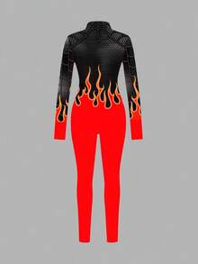 Slaydiva Casual Sexy Spider Woman Flame Print Long Sleeve Front Zipper Jumpsuit, Suitable For Autumn/Winter - Multicolor - View 3