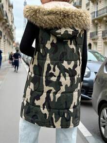 EMERY ROSE Plus Size Women Sleeveless Hooded Camouflage Print Padded Coat With Pockets - Army Green - View 2
