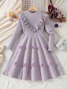 SHEIN Tween Girl Casual Comfortable Round Neck Long Sleeve Ruffle Floral Decor Dress - Mauve Purple - View 5