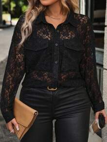 EMERY ROSE Large-Sized Elegant Autumn Knitted Shirt For Women - Black - View 5