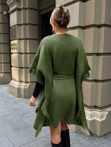 EURMUSE Women's Solid Color Round Neck Batwing Sleeve Fringe Patchwork Casual Sweater Dress For Autumn Winter - Green - View 2