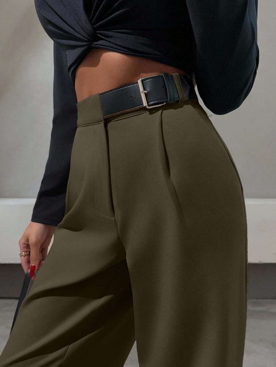 SHEIN Tall Elegant Style, Half Faux Leather Belt Detailed Straight Fit Pant - Army Green - View 1
